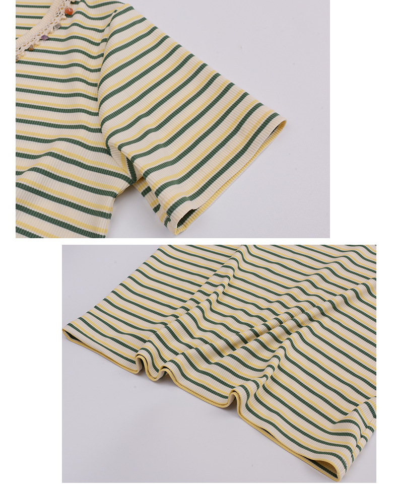 大きいサイズ レディース クルーネックストーン飾りストライプ半袖Tシャツ LL 3L 4L 5L