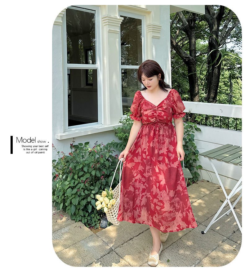 大きいサイズ レディース レッドカラープリントシフォンワンピース LL 3L 4L 5L