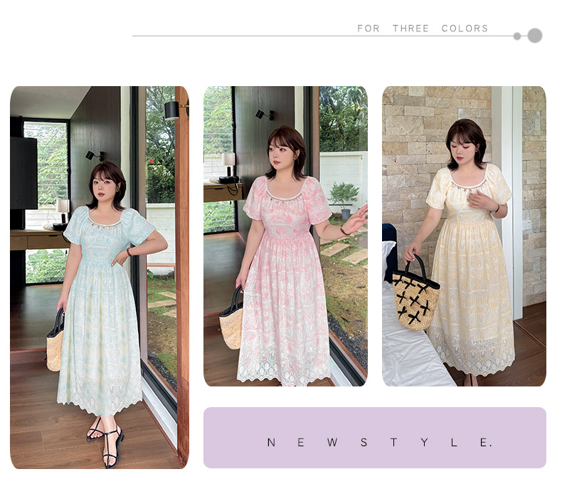 大きいサイズ レディース 貝殻型飾り付きスクエアネック花柄刺繍レースワンピース LL 3L 4L 5L