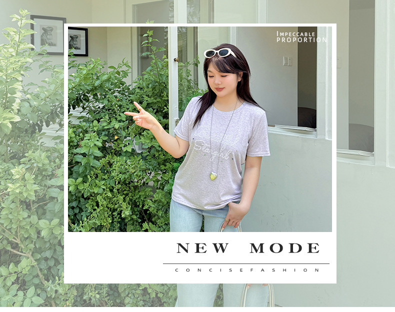 大きいサイズ レディース ビーズロゴ半袖カジュアルTシャツ LL 3L 4L 5L