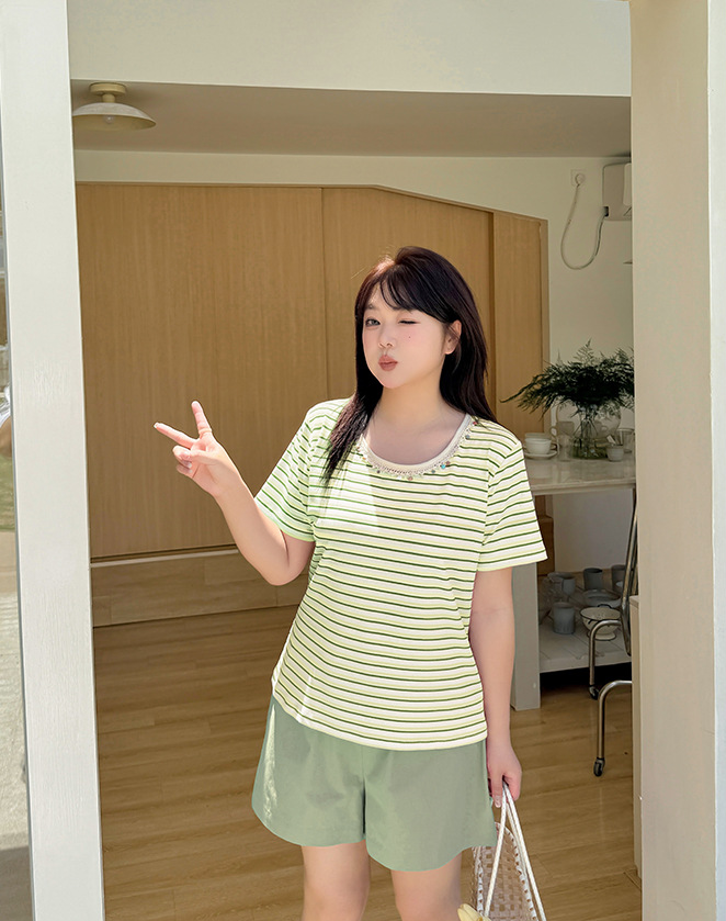 大きいサイズ レディース クルーネックストーン飾りストライプ半袖Tシャツ LL 3L 4L 5L