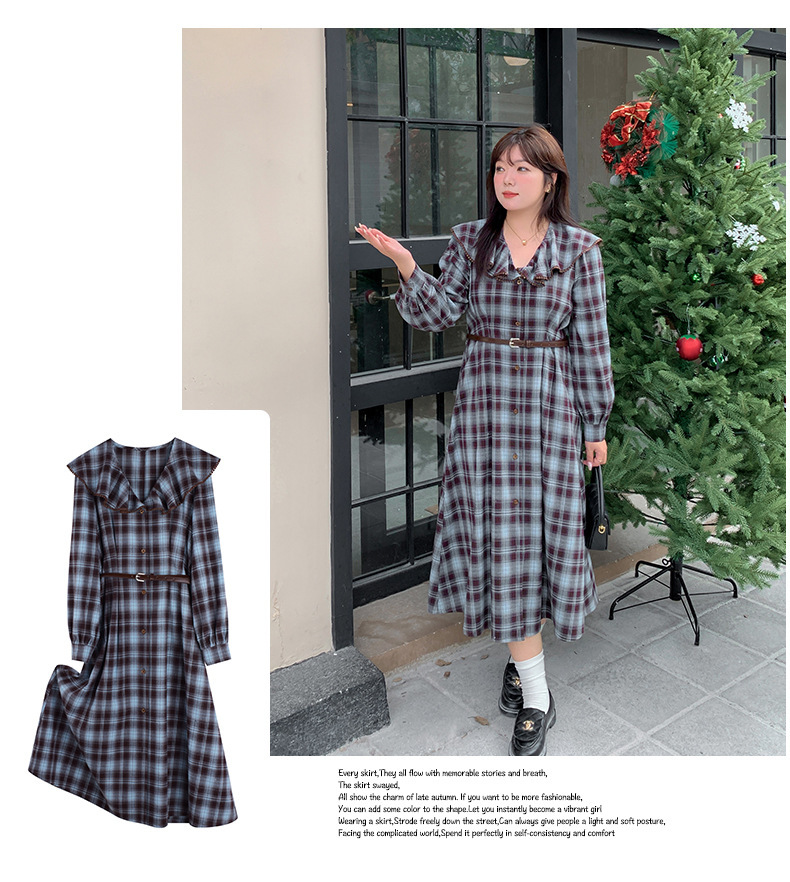 大きいサイズ レディース ラペルチェック柄ボタンダウンベルト付きワンピース LL 3L 4L 5L