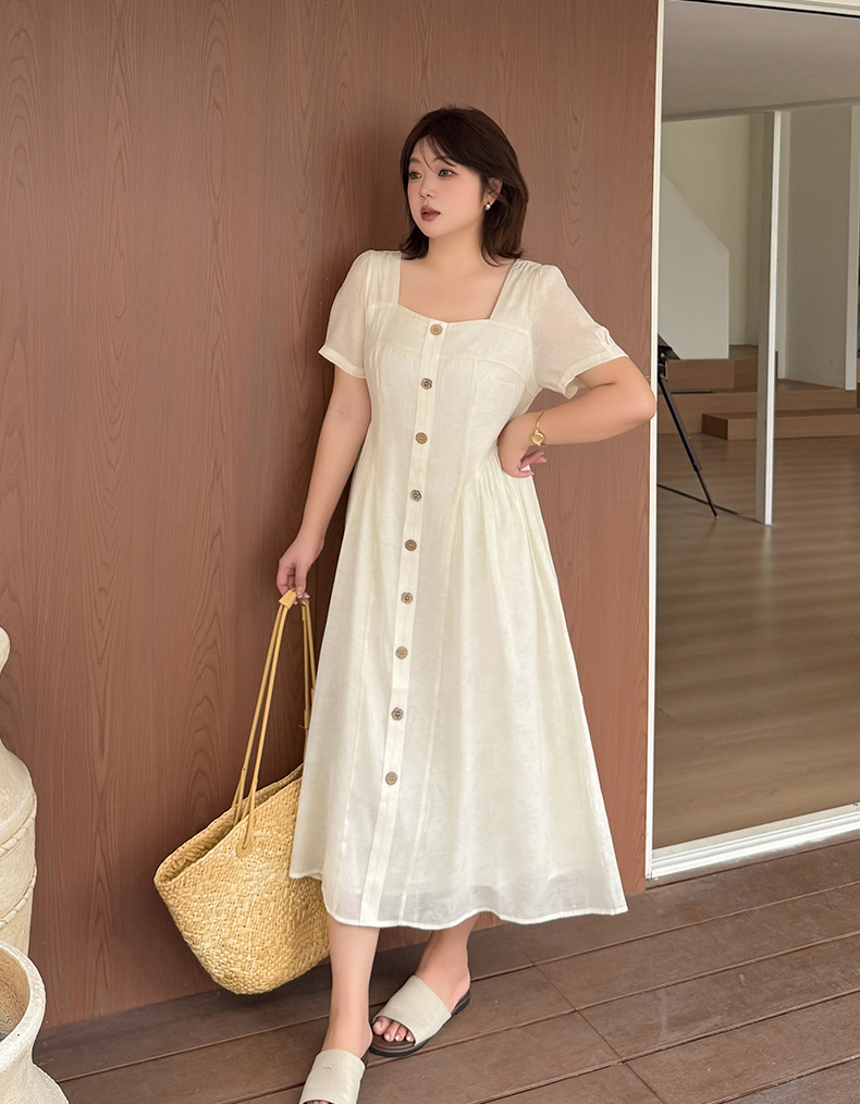 大きいサイズ レディース スクエアネック木目フラワーボタンマキシワンピース LL 3L 4L 5L