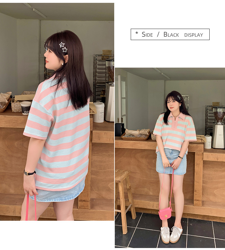 大きいサイズ レディース カレッジスタイルストライプポロカラー半袖シャツ LL 3L 4L 5L