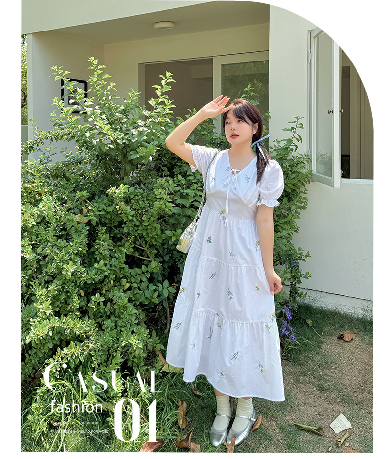 大きいサイズ レディース 草花刺繍入りリボンコットンティアードワンピース LL 3L 4L 5L