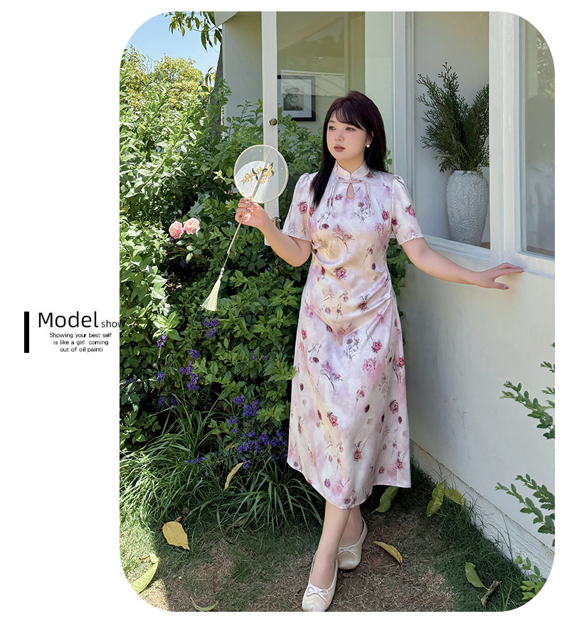 大きいサイズ レディース チャイナ風レトロ花柄プリントワンピース LL 3L 4L 5L
