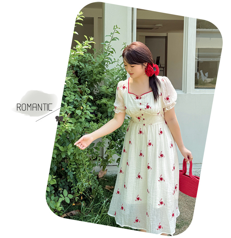 大きいサイズ レディース スクエアネック花刺繍フレンチワンピース LL 3L 4L 5L