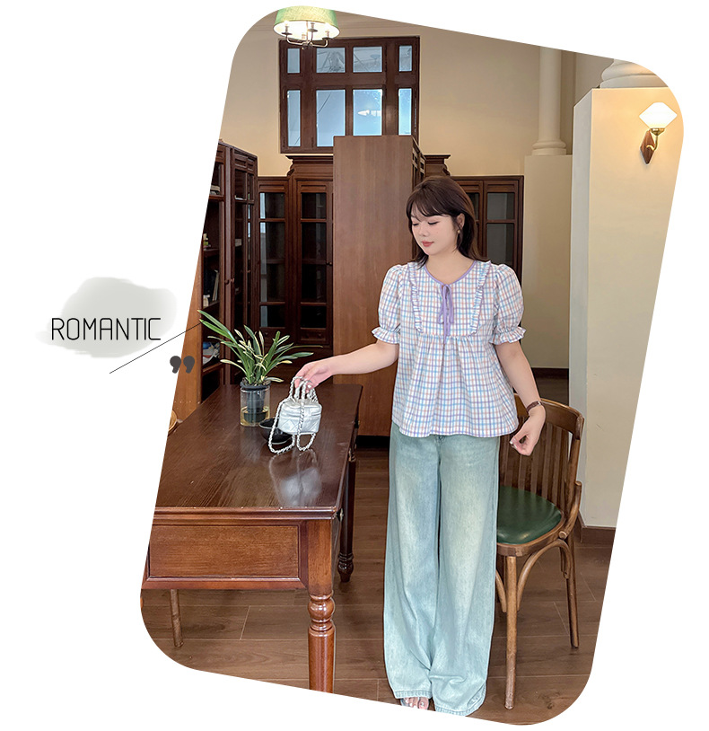 大きいサイズ レディース フリルレースアップリボンチェック柄フレンチシャツ LL 3L 4L 5L