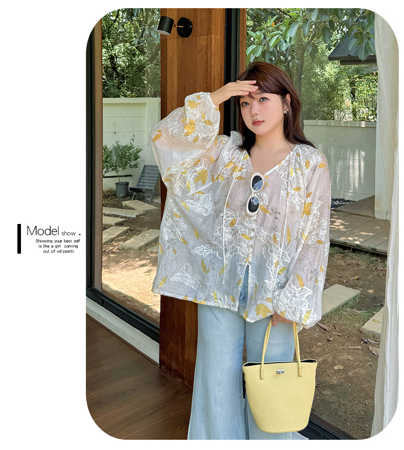 大きいサイズ レディース Vネック花柄のジャカード刺繍プリントブラウスシャツ LL 3L 4L 5L