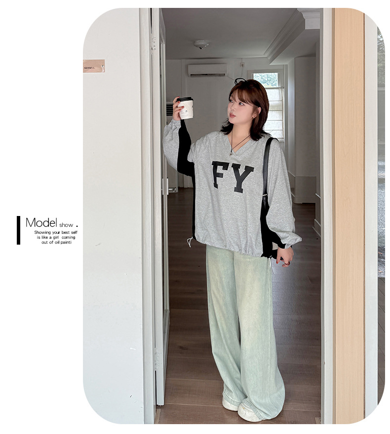 大きいサイズ レディース Vネックコントラストカラー長袖スウェットシャツ LL 3L 4L 5L