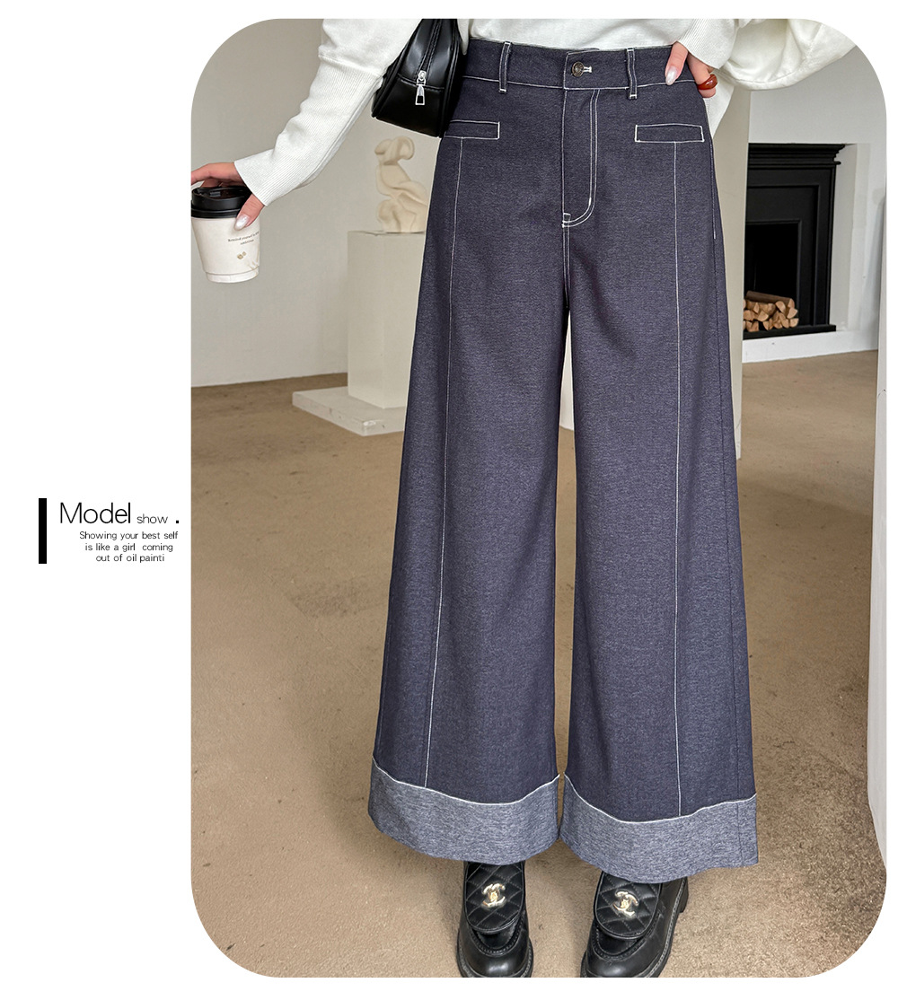 大きいサイズ レディース フェイクデニム折り返しワイドレッグパンツ LL 3L 4L 5L