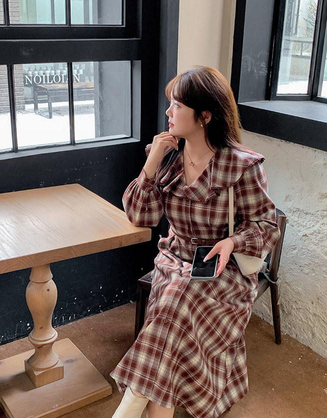 大きいサイズ レディース ラペルチェック柄ボタンダウンベルト付きワンピース LL 3L 4L 5L