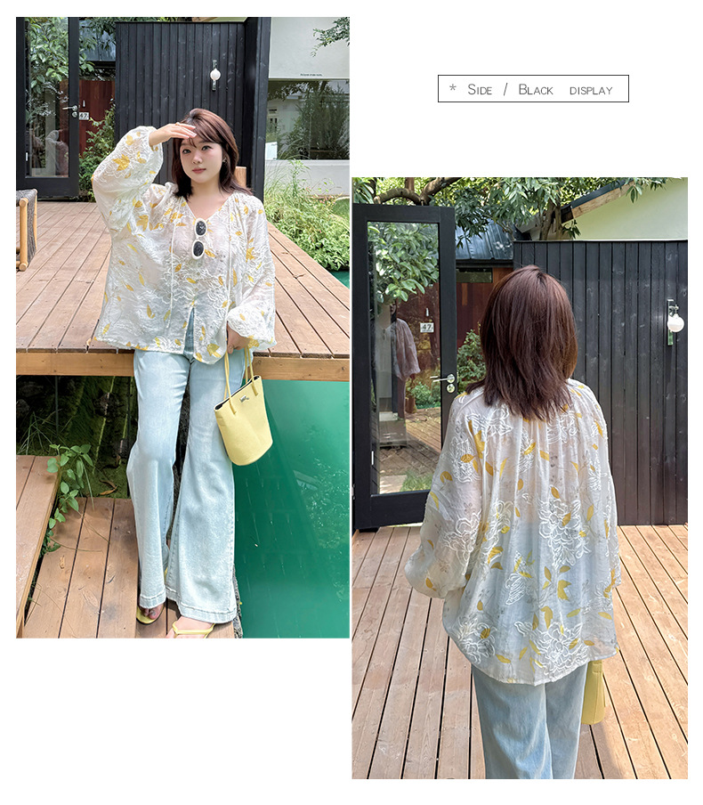 大きいサイズ レディース Vネック花柄のジャカード刺繍プリントブラウスシャツ LL 3L 4L 5L