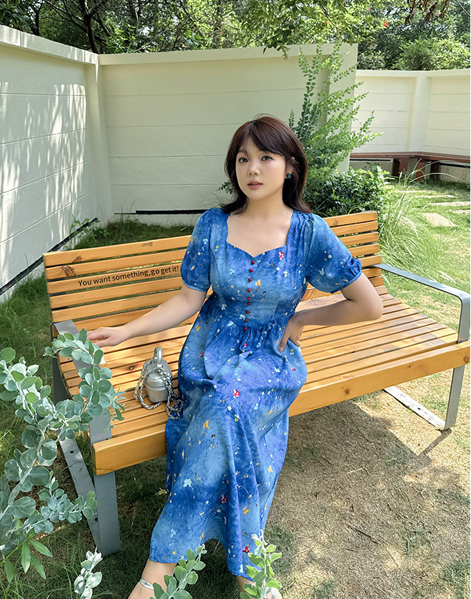 大きいサイズ レディース ビーズスクエアカラーハイビスカスフレンチワンピース LL 3L 4L 5L