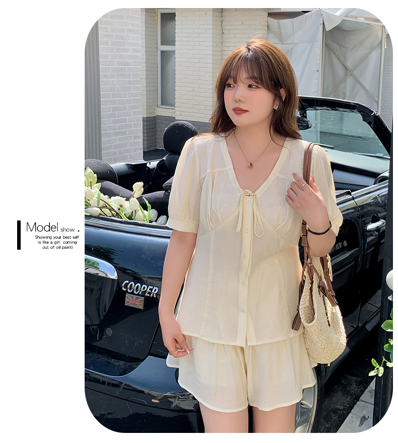 大きいサイズ レディース リボンフレンチセットアップ(トップス+ショートスカートパンツ) LL 3L 4L 5L