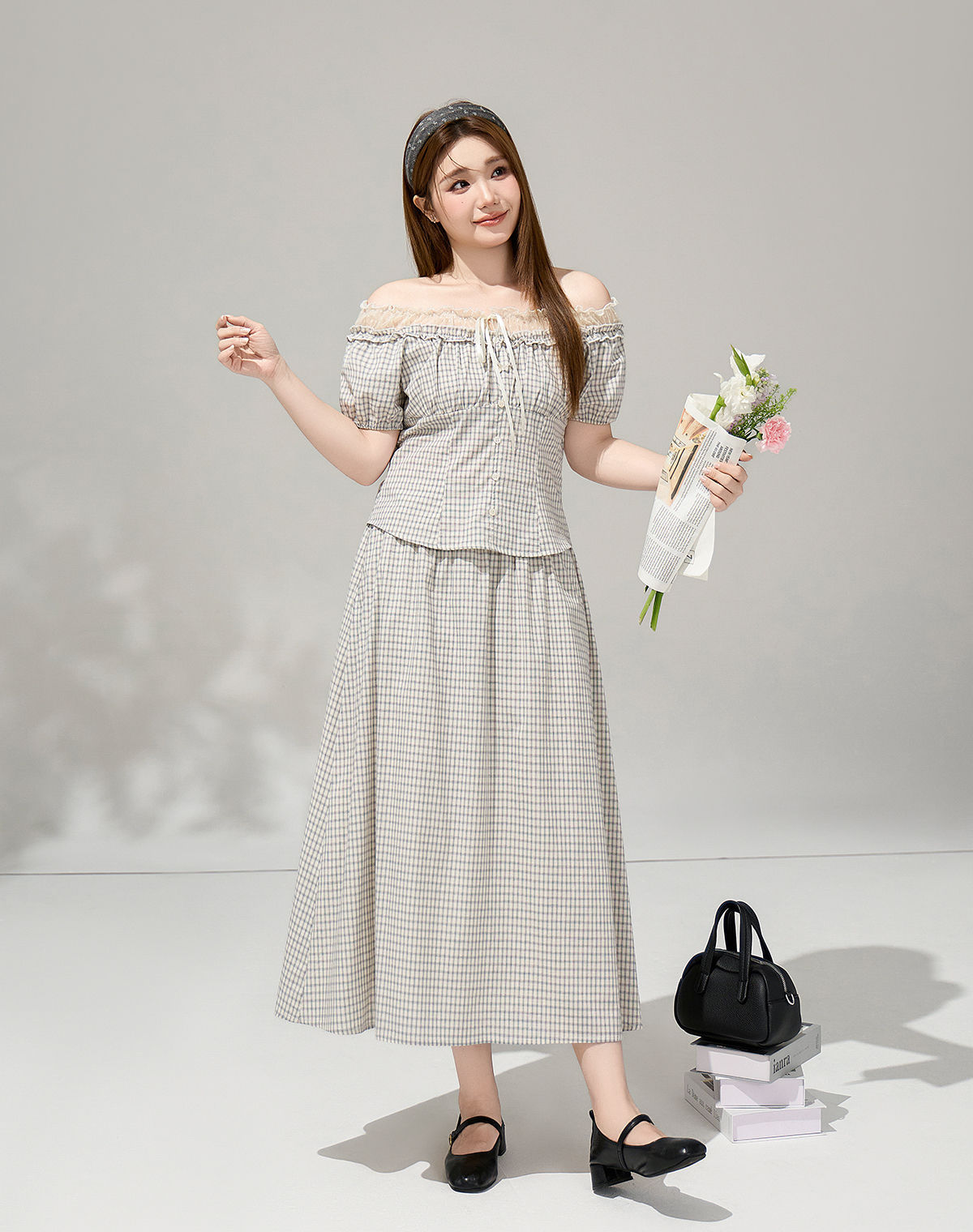 大きいサイズ レディース レースフリルオフショルチェックセットアップ LL 3L 4L 5L 6L
