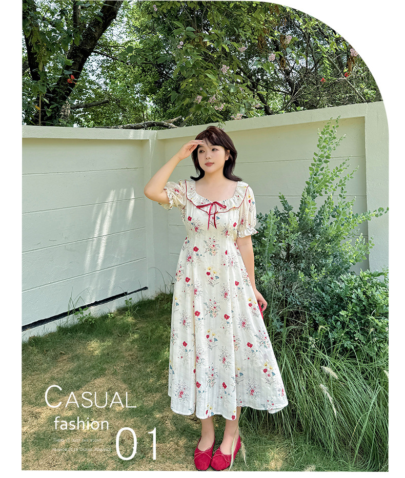大きいサイズ レディース リボンフリル花柄プリントバブルスリーブワンピース LL 3L 4L 5L