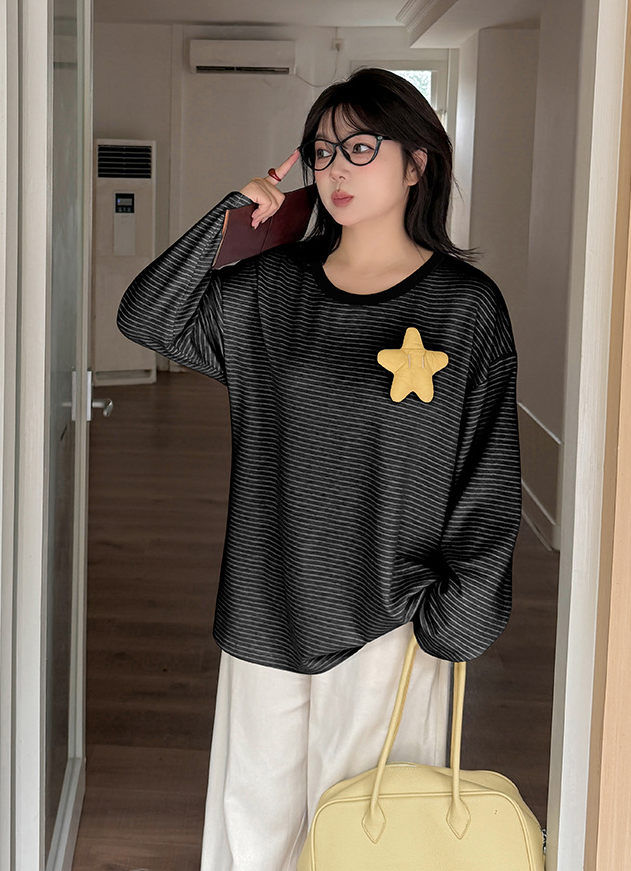 大きいサイズ レディース 星飾り付きラウンドネックニット長袖ストライプTシャツ LL 3L 4L 5L