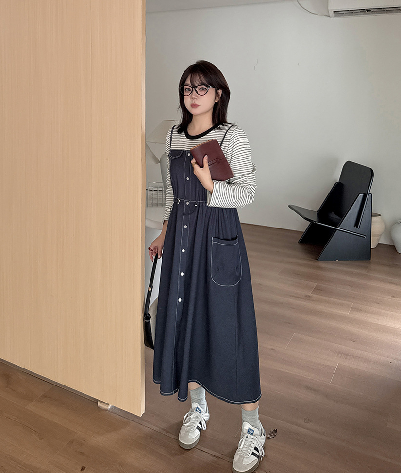 大きいサイズ レディース フェイクツーピースワンピース(ストライプシャツ+デニムワンピース) LL 3L 4L 5L