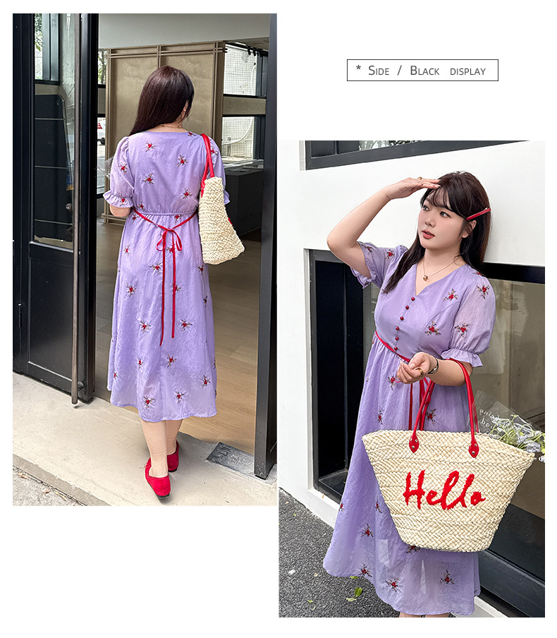 大きいサイズ レディース Vネック刺繍入りリボン花柄ワンピース LL 3L 4L 5L