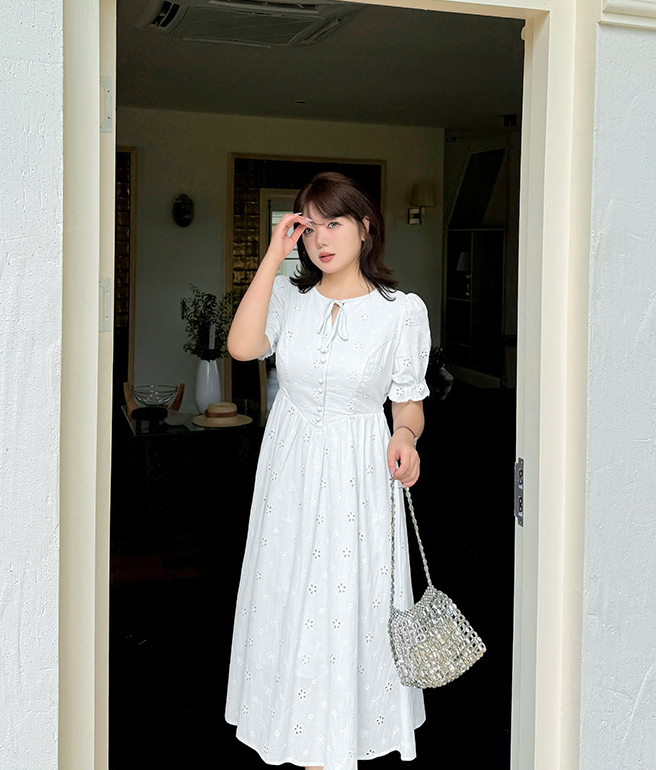 大きいサイズ レディース リボン花柄中空刺繍コットンフレンチワンピース LL 3L 4L 5L