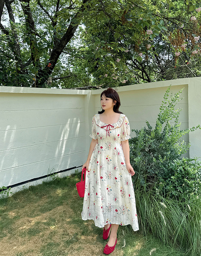 大きいサイズ レディース リボンフリル花柄プリントバブルスリーブワンピース LL 3L 4L 5L