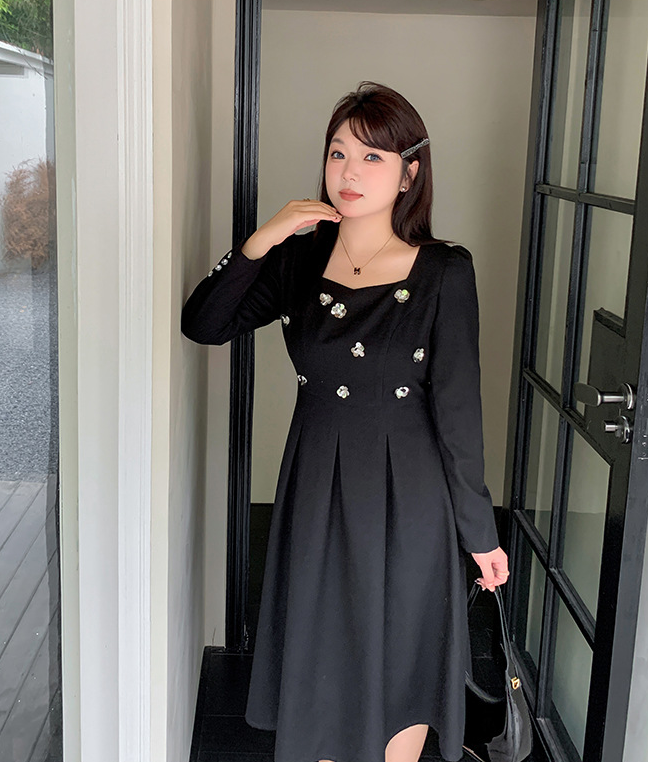 大きいサイズ レディース スパンコールスクエアネックブラックワンピース LL 3L 4L 5L