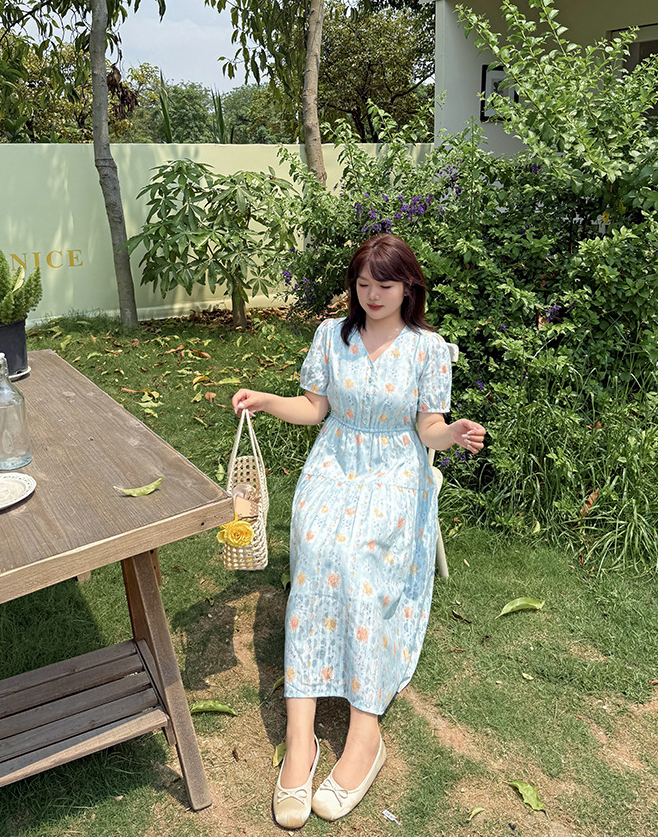 大きいサイズ レディース Vネック花柄ジャカードロングワンピース LL 3L 4L 5L