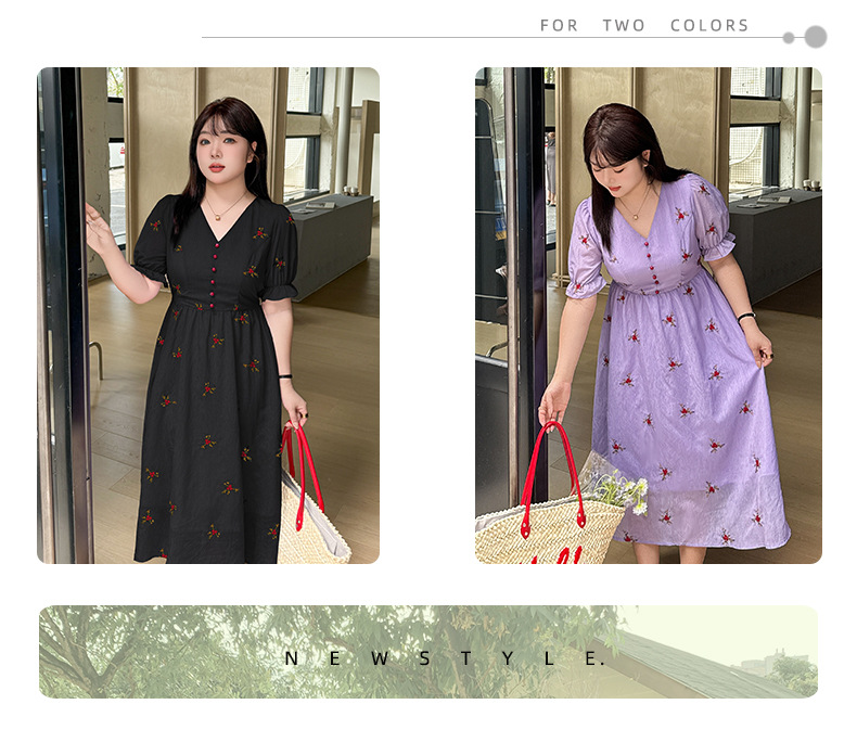 大きいサイズ レディース Vネック刺繍入りリボン花柄ワンピース LL 3L 4L 5L
