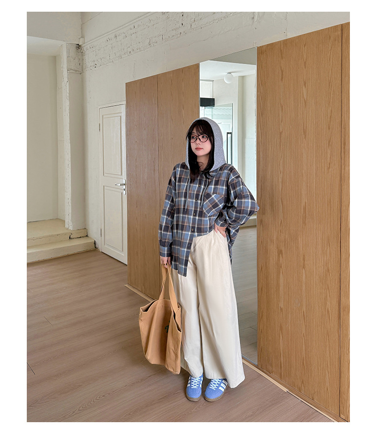 大きいサイズ レディース フード付きフェイクツーピースカジュアルチェックシャツ LL 3L 4L 5L