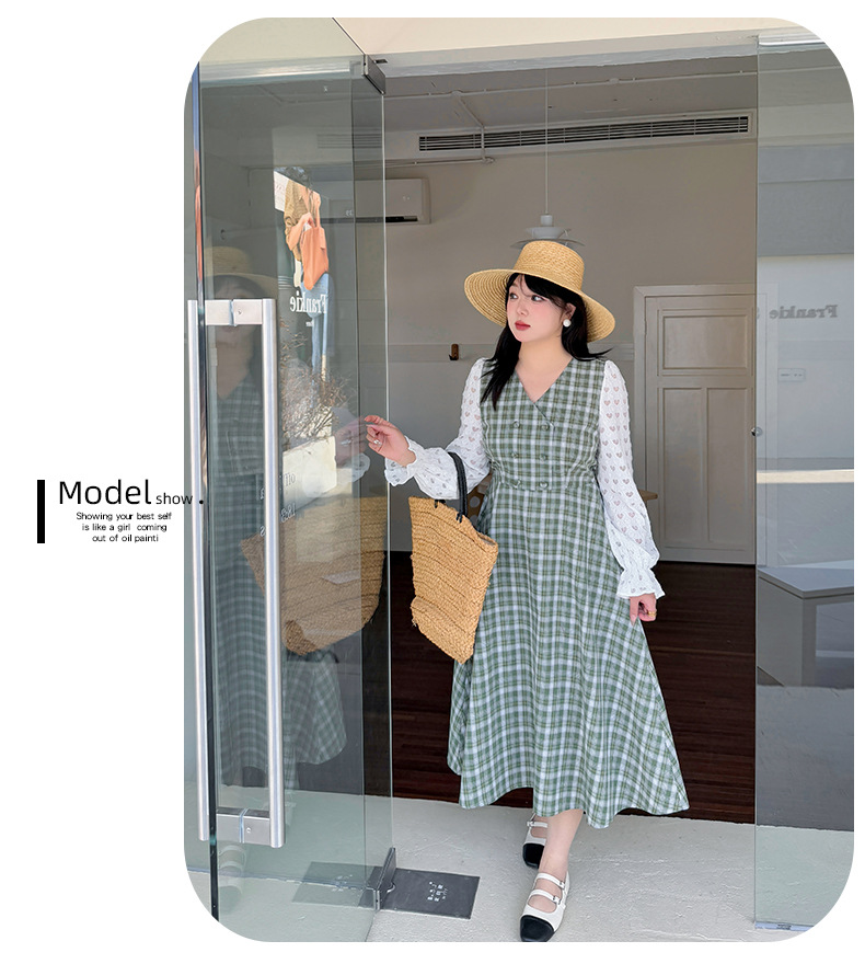 大きいサイズ レディース レースチェック柄フェイクツーピース フレンチワンピース LL 3L 4L 5L