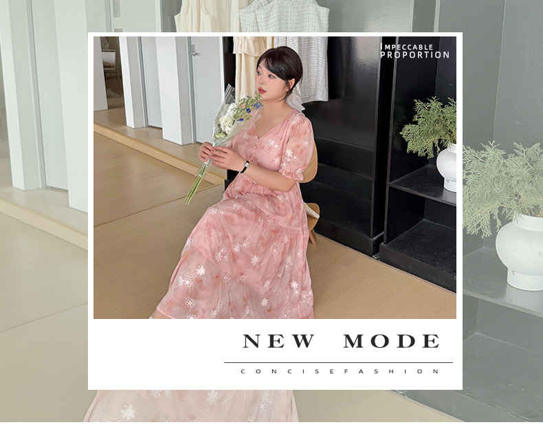 大きいサイズ レディース Vネックシフォンフラワー刺繍ワンピース LL 3L 4L 5L