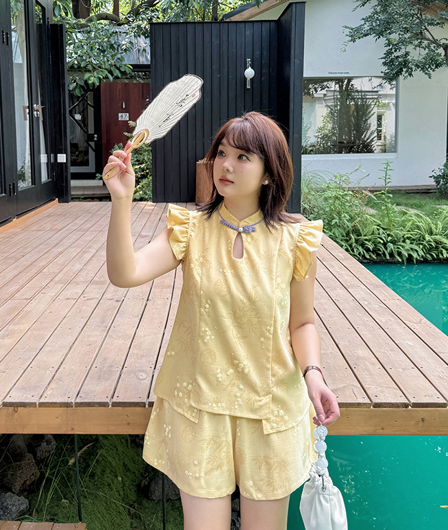 大きいサイズ レディース ビーズフリルチャイナ風フライングスリーブプリントトップス LL 3L 4L 5L