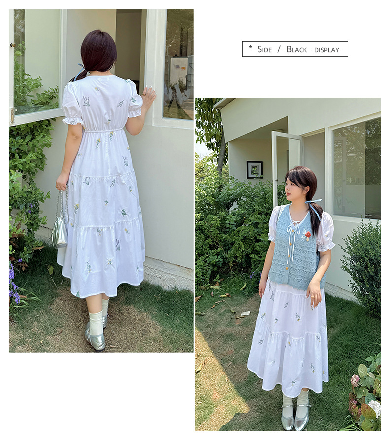 大きいサイズ レディース 草花刺繍入りリボンコットンティアードワンピース LL 3L 4L 5L