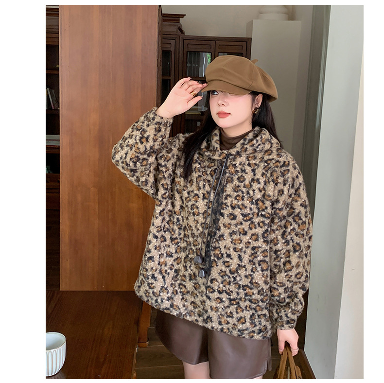 大きいサイズ レディース ヒョウ柄レース付きカジュアルベルベットフリースパーカー LL 3L 4L 5L