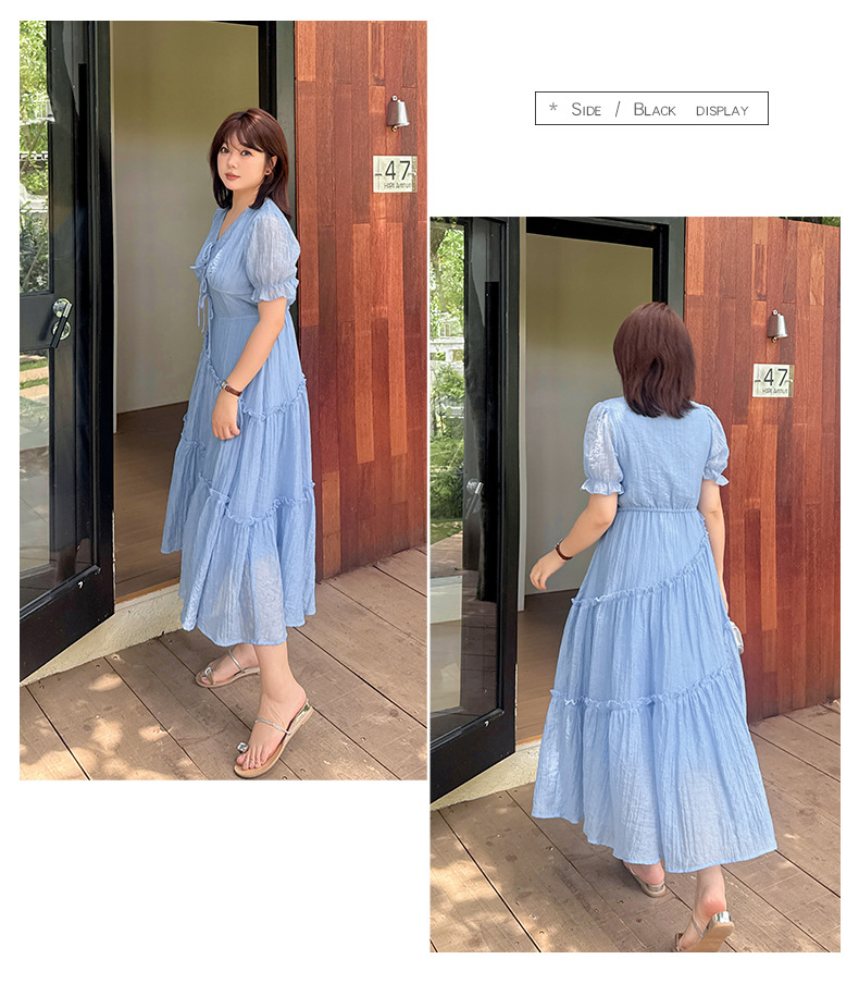 大きいサイズ レディース Vネックパフスリーブレースアップフレンチワンピース LL 3L 4L 5L