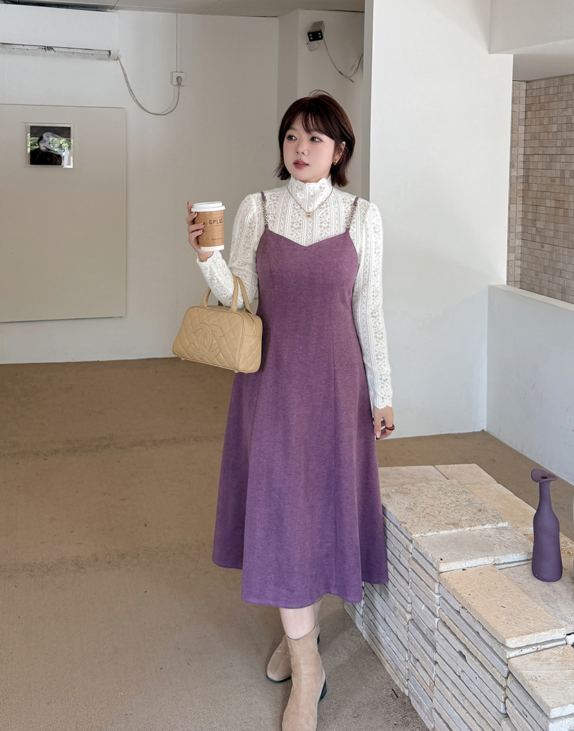 大きいサイズ レディース ツーピースセット(レーストップス+スリップワンピース) LL 3L 4L 5L