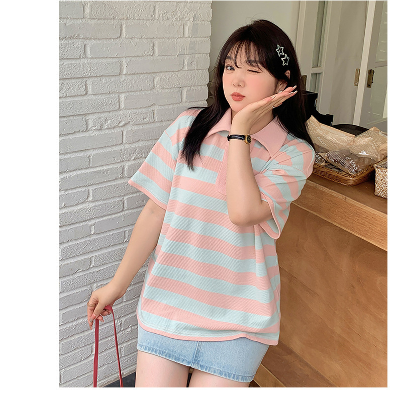 大きいサイズ レディース カレッジスタイルストライプポロカラー半袖シャツ LL 3L 4L 5L