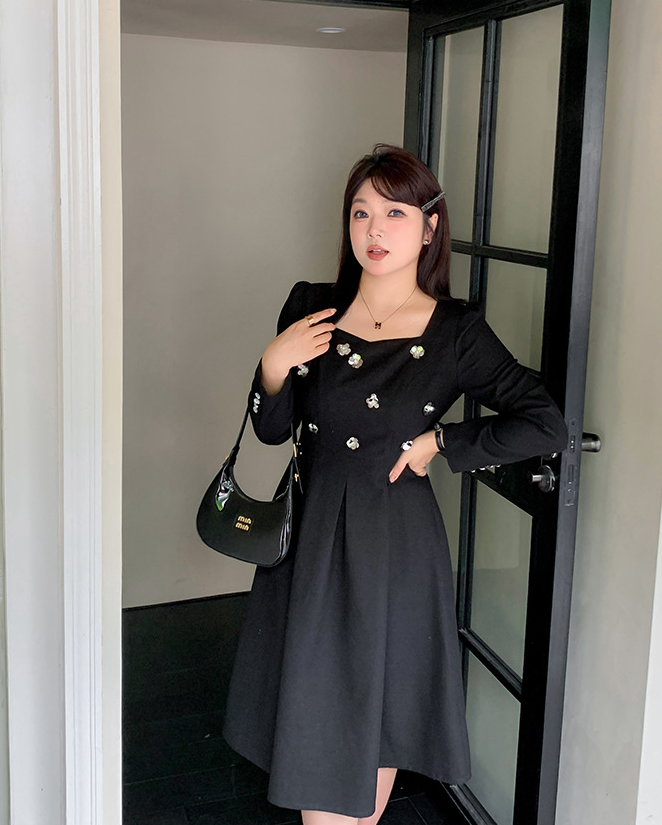 大きいサイズ レディース スパンコールスクエアネックブラックワンピース LL 3L 4L 5L