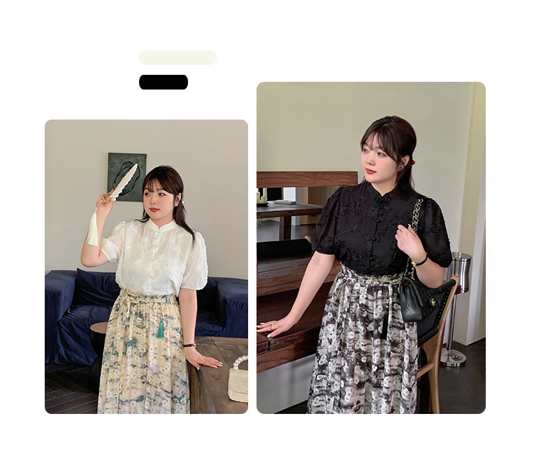 大きいサイズ レディース レトロチャイナ風ジャガードシフォン半袖シャツ LL 3L 4L 5L