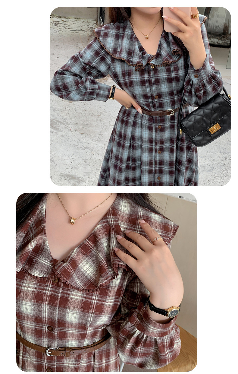 大きいサイズ レディース ラペルチェック柄ボタンダウンベルト付きワンピース LL 3L 4L 5L