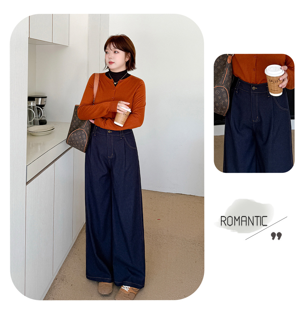 大きいサイズ レディース デニム風プリーツストレートワイドレッグパンツ LL 3L 4L 5L