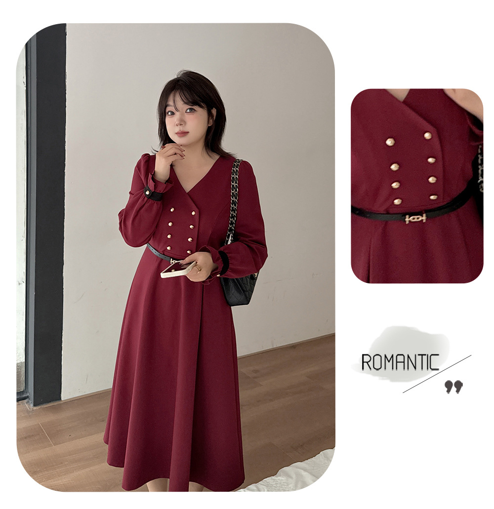 大きいサイズ レディース フリルVネックダブルブレストワンピース(ベルト別売) LL 3L 4L 5L