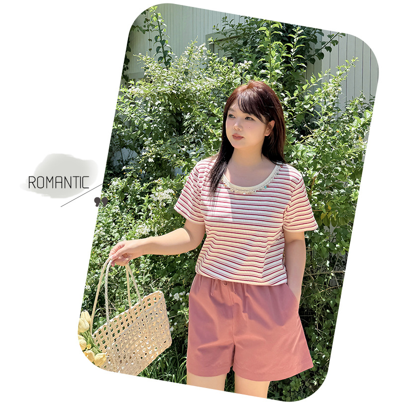 大きいサイズ レディース クルーネックストーン飾りストライプ半袖Tシャツ LL 3L 4L 5L