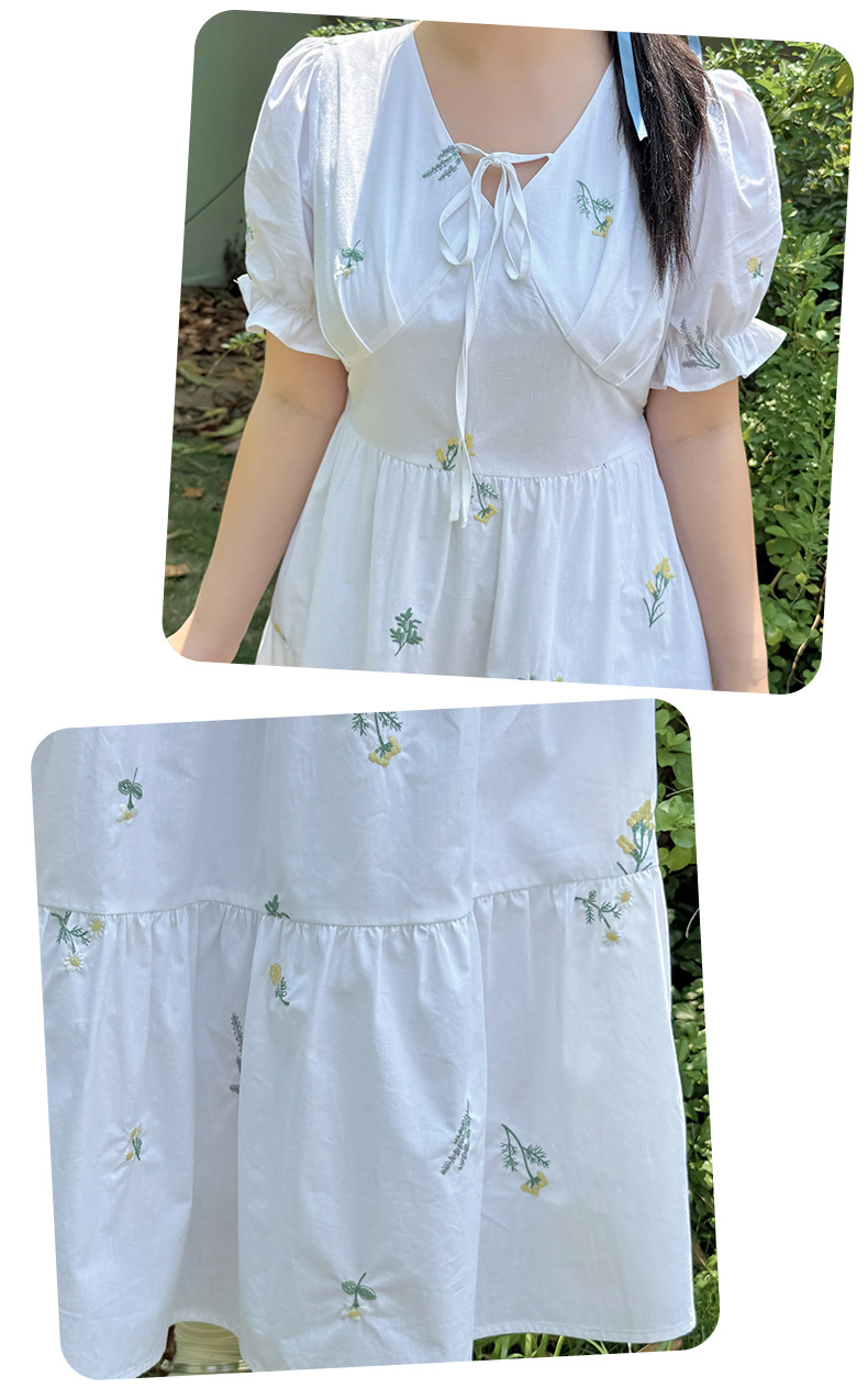 大きいサイズ レディース 草花刺繍入りリボンコットンティアードワンピース LL 3L 4L 5L
