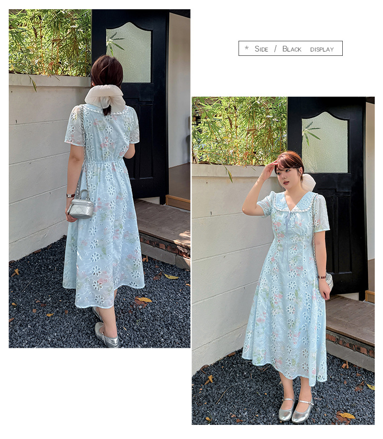 大きいサイズ レディース リボントリムレースラペルフラワー中空刺繍プリントワンピース LL 3L 4L 5L