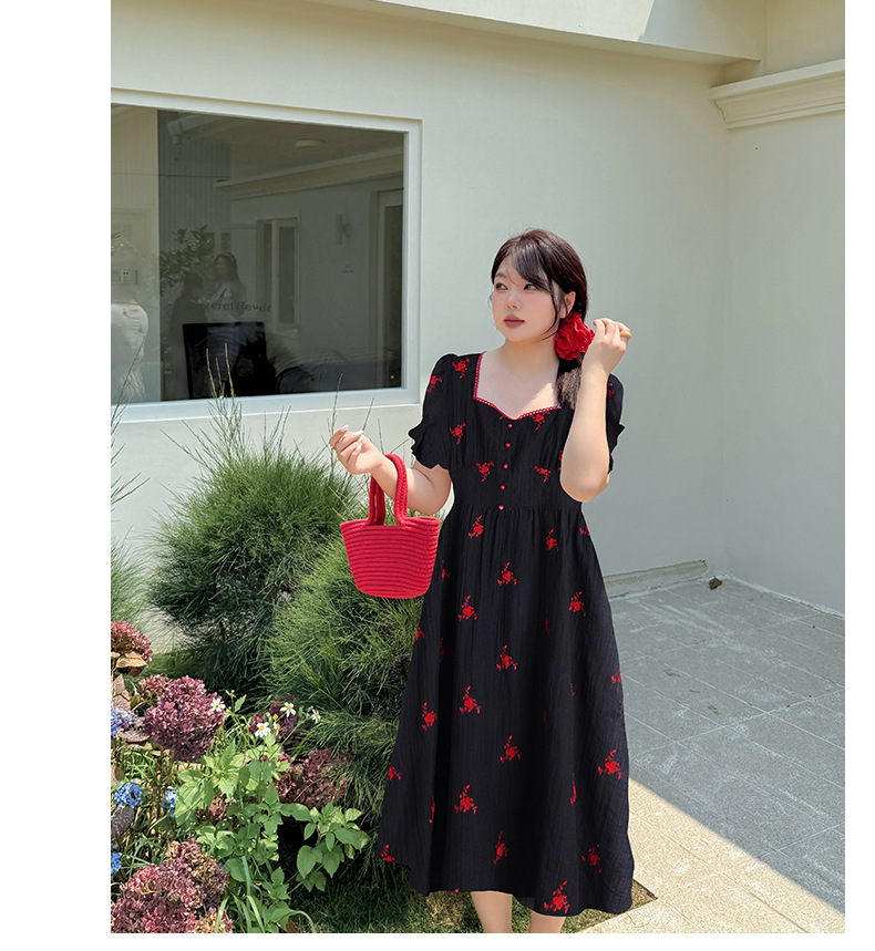 大きいサイズ レディース スクエアネック花刺繍フレンチワンピース LL 3L 4L 5L