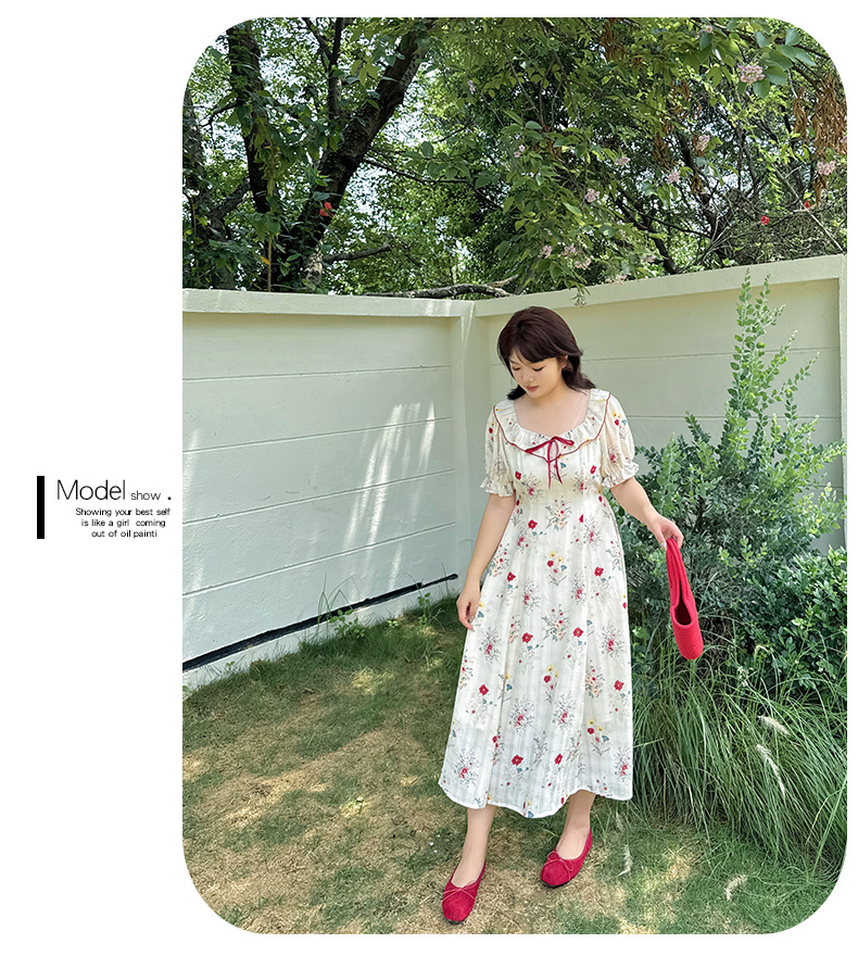 大きいサイズ レディース リボンフリル花柄プリントバブルスリーブワンピース LL 3L 4L 5L