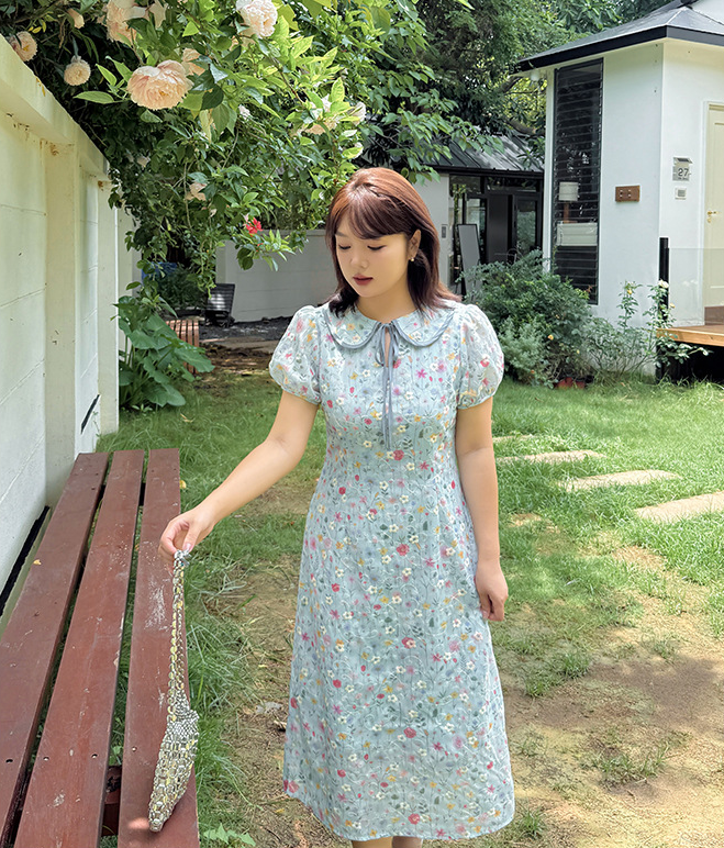 大きいサイズ レディース ドールカラーリボン小花柄プリント刺繍ワンピース LL 3L 4L 5L