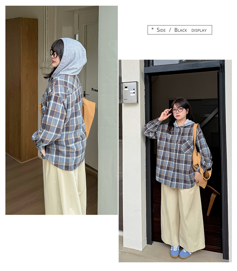 大きいサイズ レディース フード付きフェイクツーピースカジュアルチェックシャツ LL 3L 4L 5L